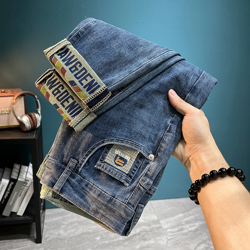 Trendy Printed Embroidered Slim Jeans Men's Summer Thin Stretch Breathable All-Match Casual Micro-Ha Stretch Small Straight-Leg