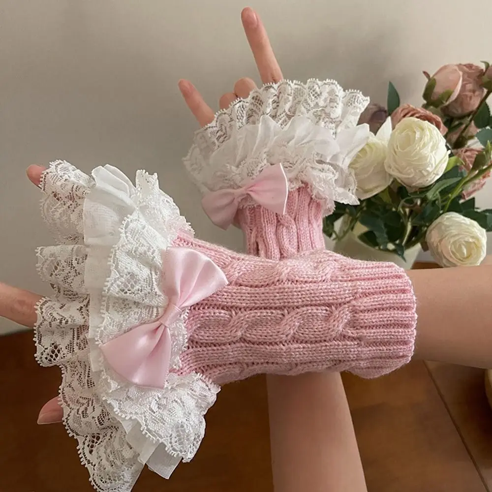 Lolita Lace Bow Gloves Winter Warm Twist Knitted Gloves For Girl y2k Korean Cute Sweet Short Gloves Detachable Cuffs