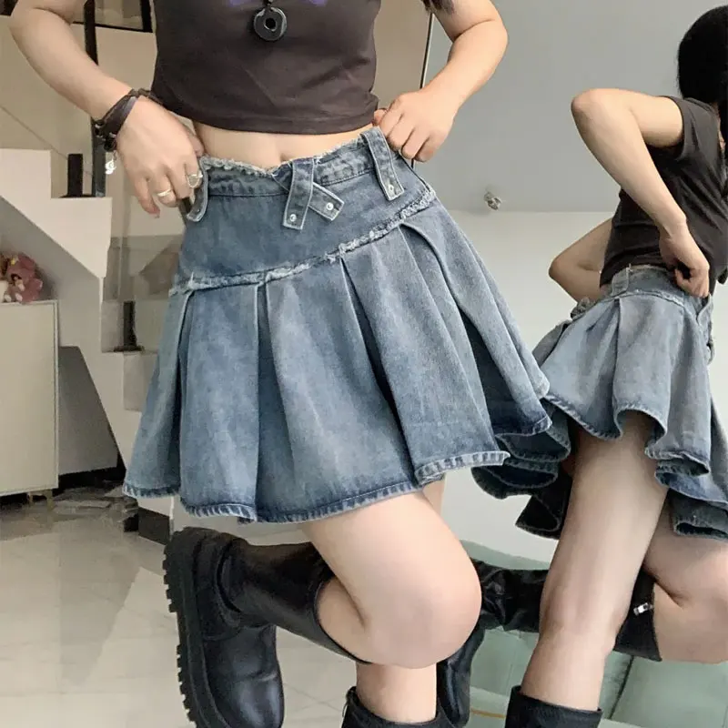 

Women's Clothing Pleated Denim Skirts Aura High Waist Summer American Fashionable Raw Edge Vintage Hotsweet A-Line Mini Skirts