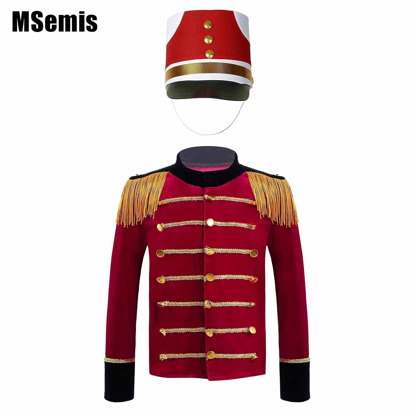 

Kids Boys Honor Guard Uniform Long Sleeve Tassels Shoulder Gold Braid Adorned Tops with Hat for Drum Trumpet Team Performance