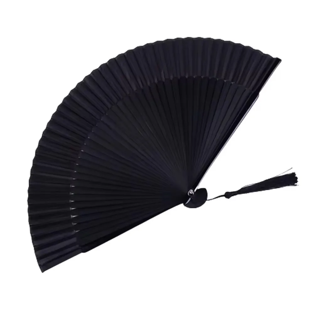 

Black Folding Fan Chinese Vintage Bamboo Shank Classical Dance Fan Tassel Elegent Female Hand Fans Home Decorative