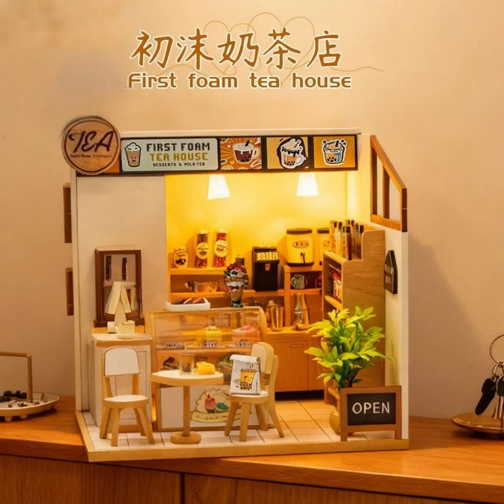 

OUZEY Whimsical Bubble Tea Shop Dollhouse, Sweet Miniature DIY Model Kit, Fantasy Cafe Toy for Kids & Collectors