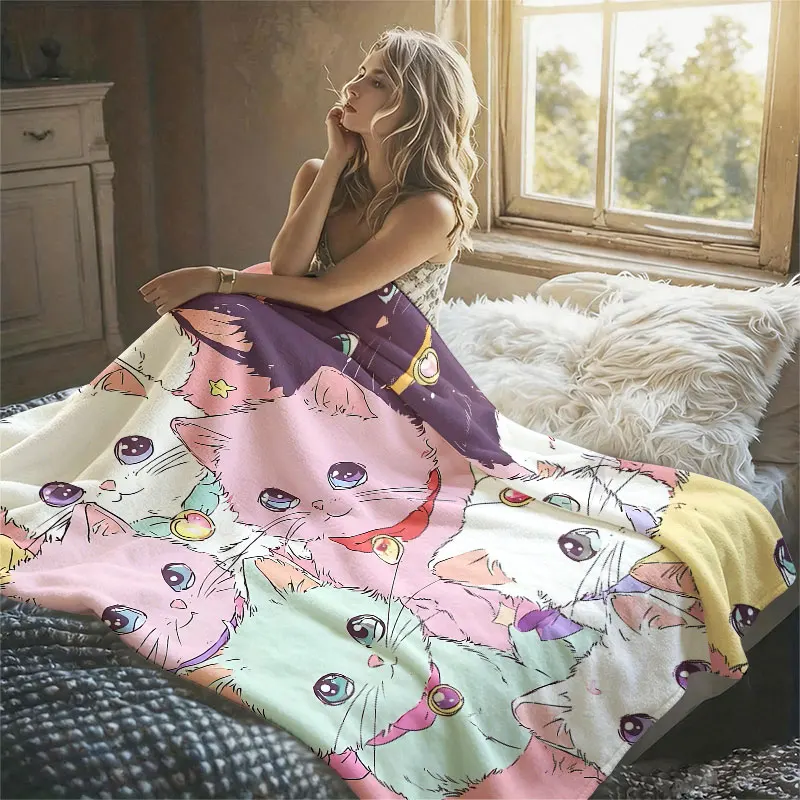 Anime Cats Pink Diamonds Flannel Blanket Perfect for Sofa Office Bed Travel Sleep Read Relax Camping Four Season Use