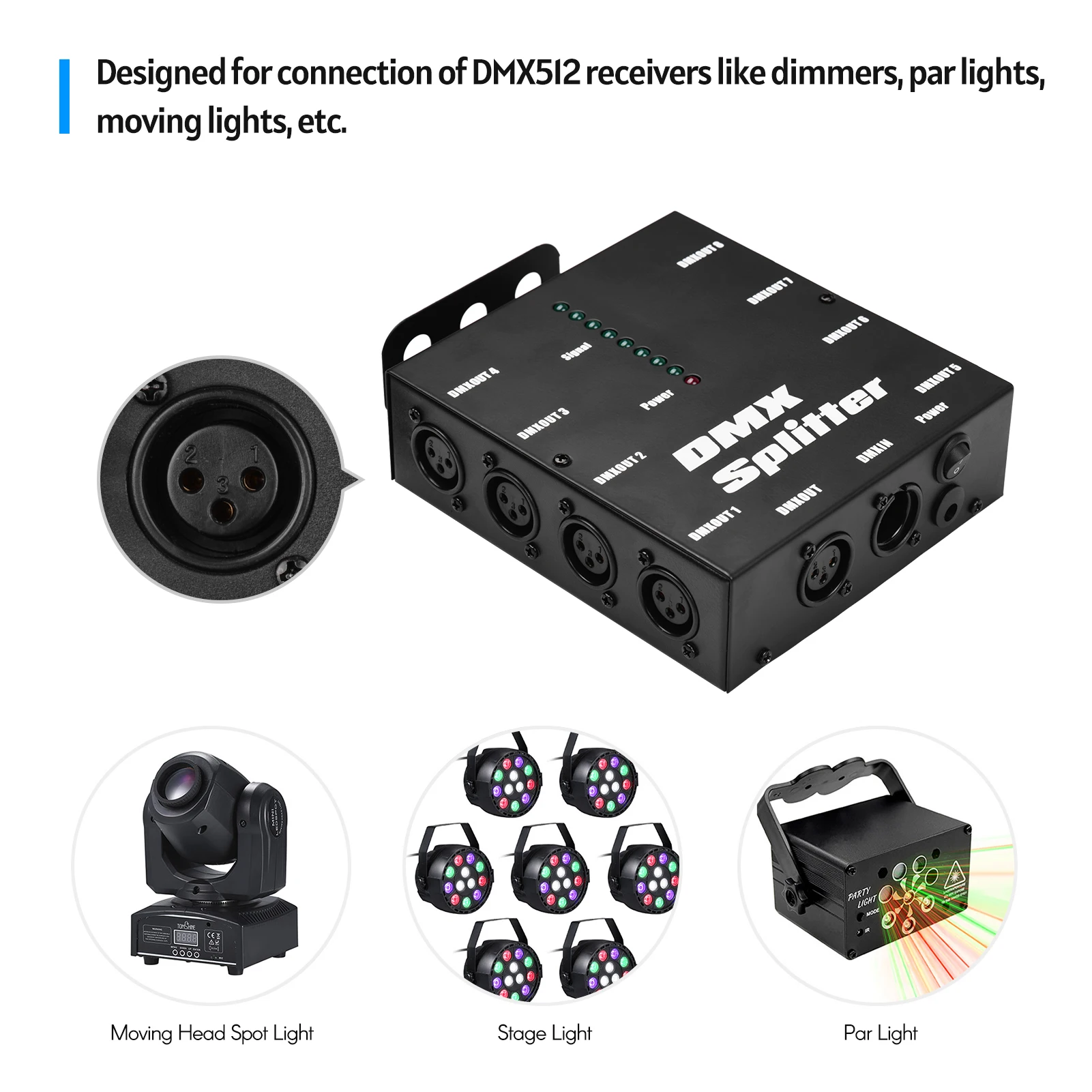 DMX512 Optical Signal Amplifier Spliter Distributor 1 Direct Input & Output 8 Independent Outputs for Light Controller Stage Con