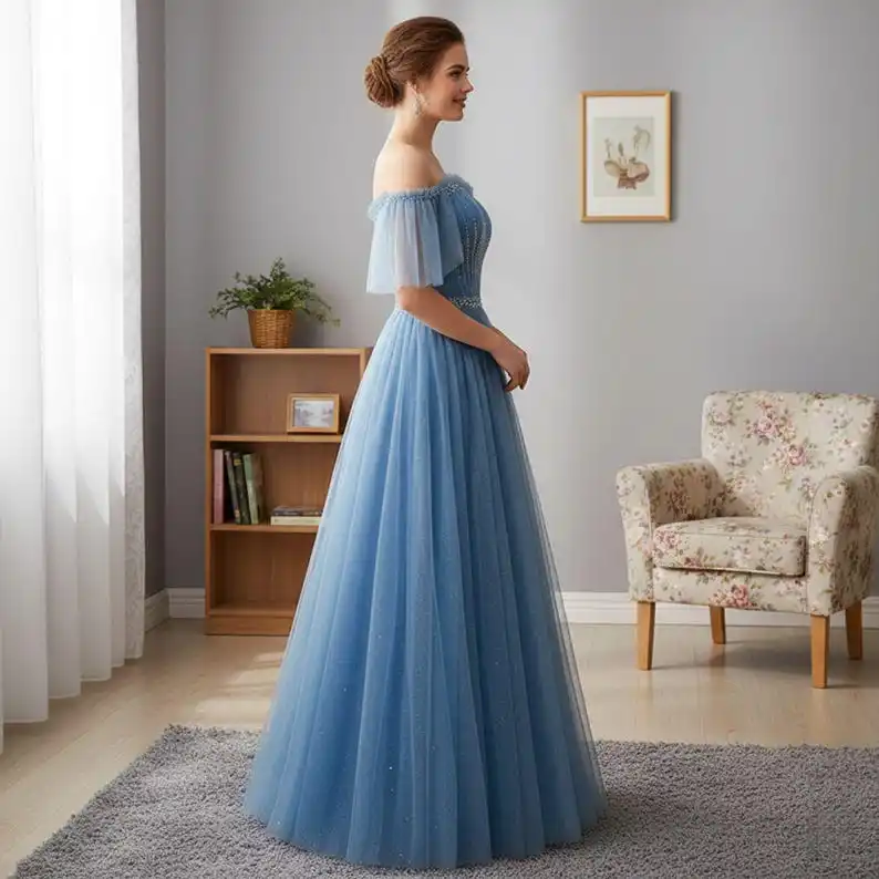 Blaues schulterfreies Ballkleid, Abendkleider, Cocktailkleid, Weihnachtskleider, formelles Ballkleid, Prinzessinnenkleid, Tüll-Ballkleider