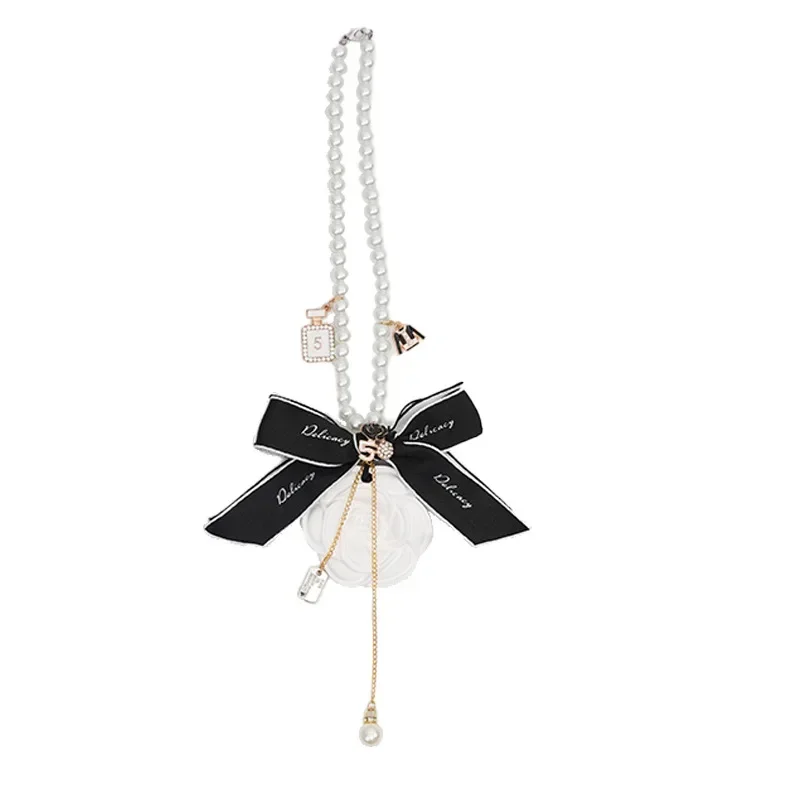 Pearl Camellia Flower Tassel Car Pendant Gypsum Aromatherapy Auto Rearview Mirror Hanging Ornaments Decoration Accessories Girls