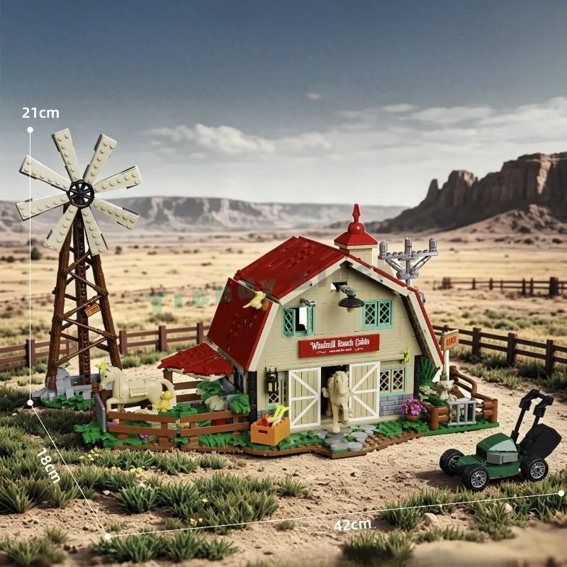 1359PCS Western Windmill Ranch Cabin Street View Building Blocks,Agricultural Farm House Architecture Decor DIY Toy Holiday Gift