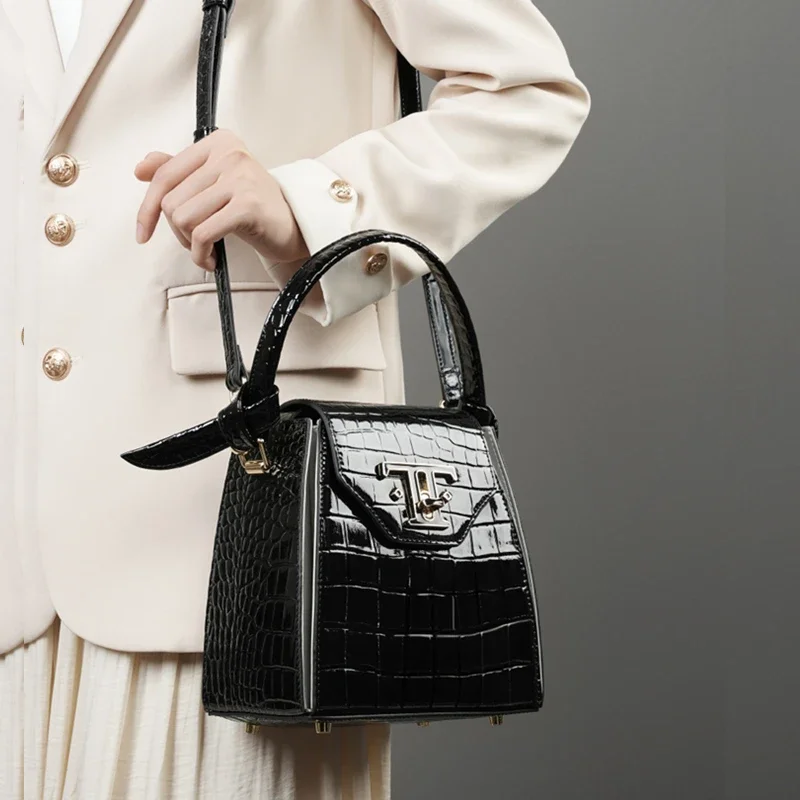 Burminsa Patent Leather Crocodile Pattern Box Small Tote Handbags For Women 2024 Trend Designer Ladies Shoulder Crossbody Bags