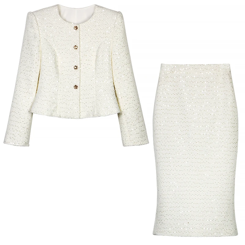 

New fashionable and elegant light luxury socialite heavy industry sequin temperament small fragrance jacket + skirt suit