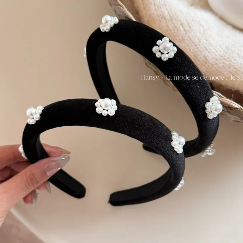 K-style Heavy Industry Luxury Pearl Flower Skull Headband Classy Sweet French Hairband Hair Accessories for Women