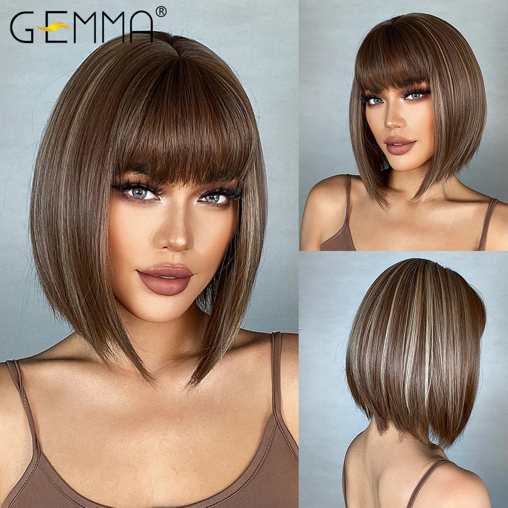

Синтетические парики с челкой GEMMA Brown Bob, светлые волосы с короткой оправой для косплея, повседневные термостойкие волосы из волокна