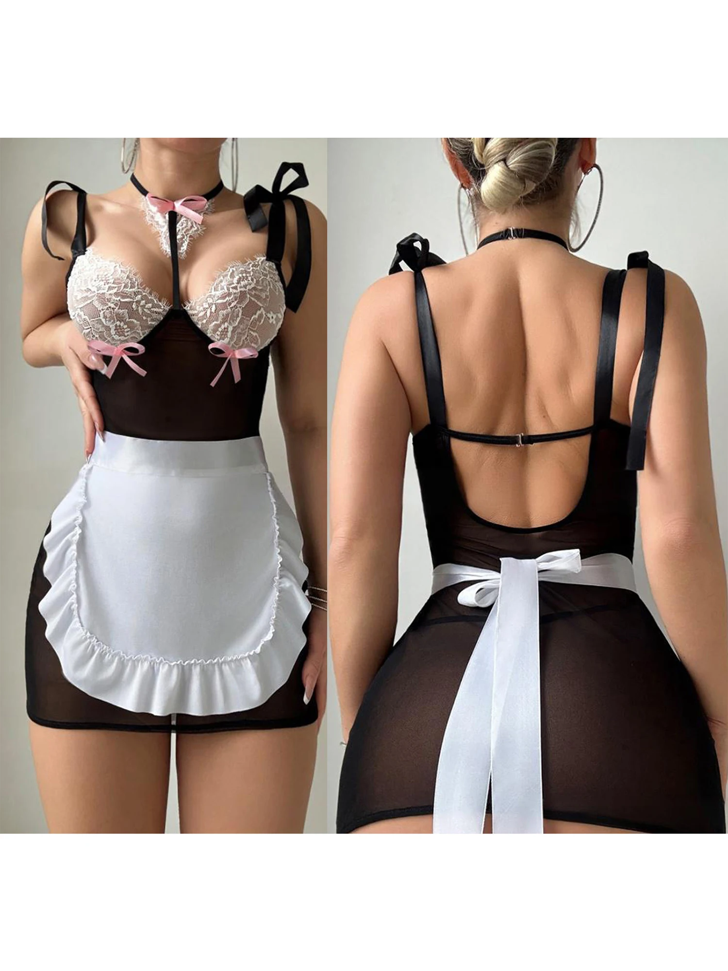 مثير الفرنسية خادمة زي الملابس الداخلية مجموعة الدانتيل انظر من خلال شبكة المرقعة فستان بلا أكمام مع المئزر ملابس خاصة للنساء -