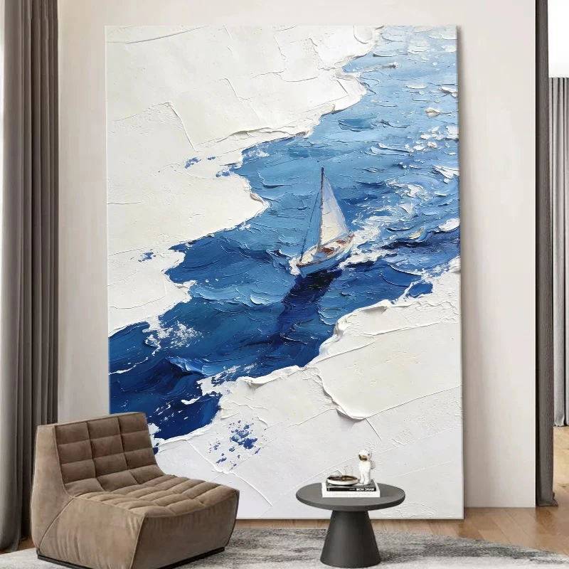 Modern Pure Handmade Abstract Oil Painting Blue Sailboat Thick Texture Poster For Living Room Wall Art Hanging Mural Living Room