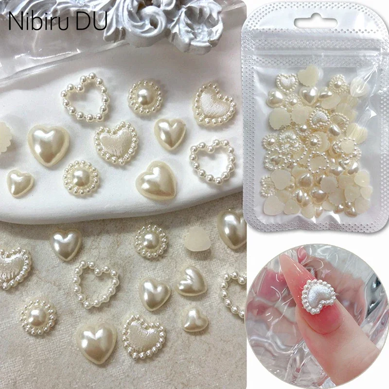 100PCS Mixed Design 3D Pearls Love Hearts Rhinestones Parts Nail Art Supplies Nail Decoration Embellishments Crafts Accessories