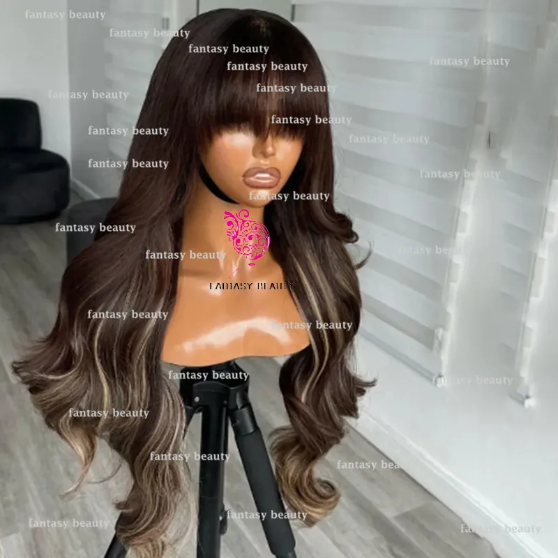 Highlights Gold Lace Body Wave 100%Remy Hair Dark Brown bangs 13 x 6 Breathable Front Lace wig High density Lace wig 200 density image 3
