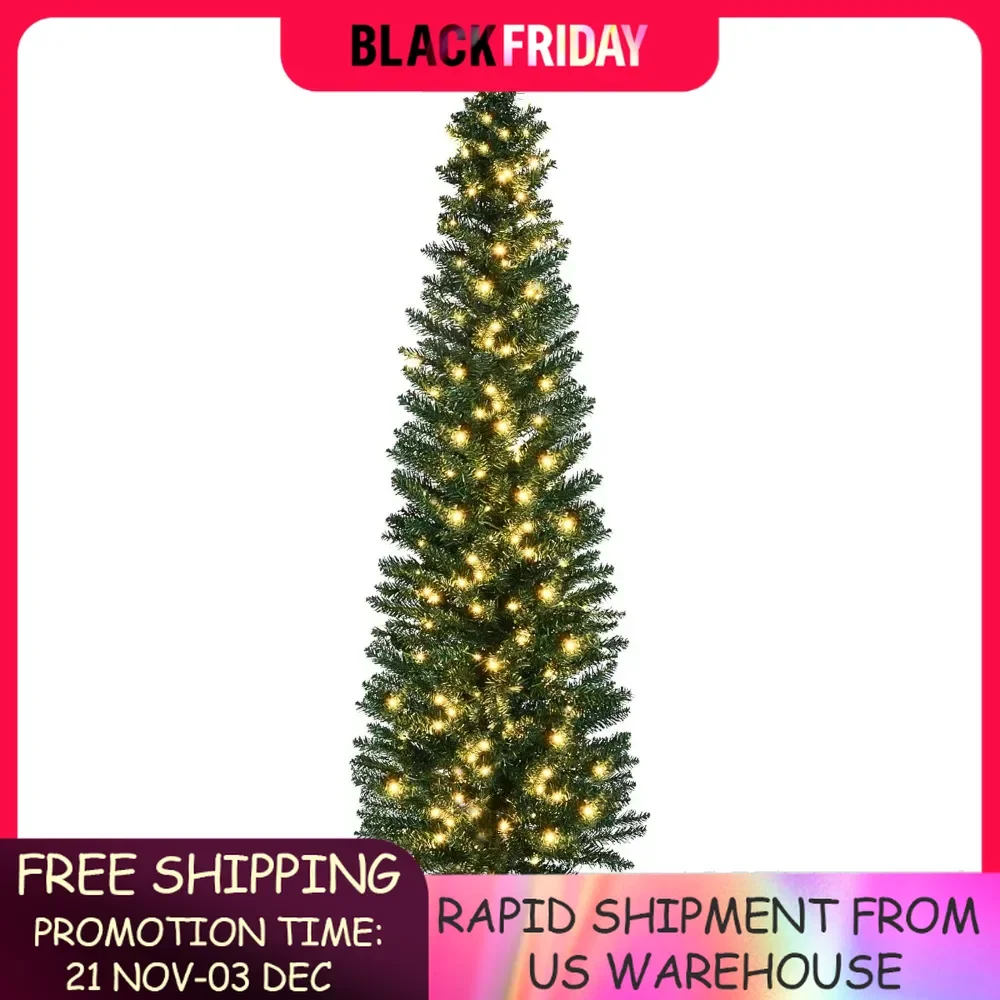 6' Tall Pre-Lit Slim Noble Fir Artificial Christmas Tree with Realistic Branches, 200 Warm White LED Lights and 390 Tips, Green