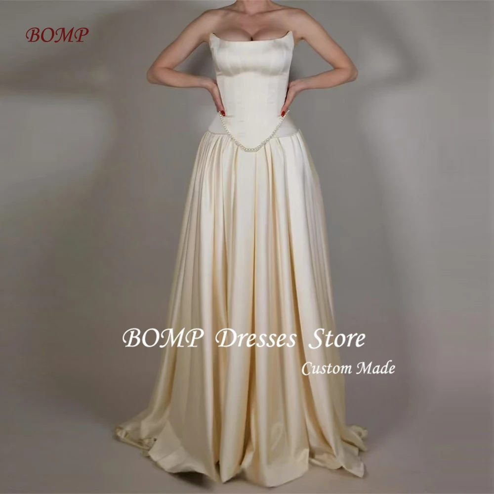 BOMP 2025 New Simple A Line Wedding Dresses Vestidos de noiva Strapless Thick satin Pearls Bridal Gowns Customized Formal