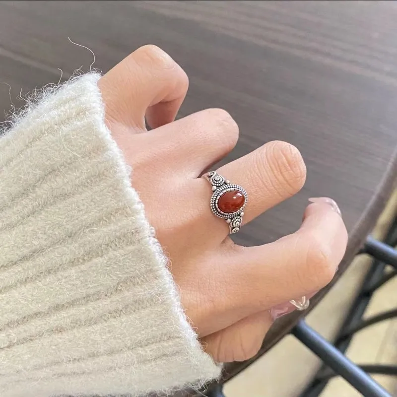 S925 Sterling Silver Ring Inlaid With Natural Red Agate And Turquoise, Ethnic Style Hand Jewelry