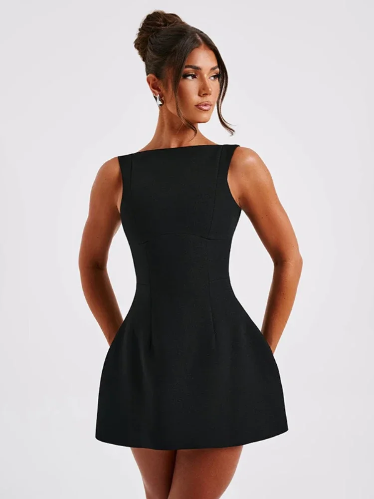 Vestido corto de verano sin mangas para mujer, minivestido ajustado de color liso con cuello redondo, Espalda descubierta, corte en A