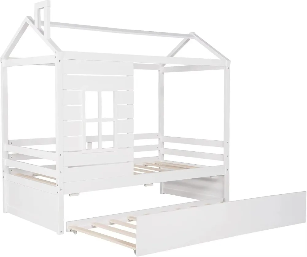 Cama de casa de tamanho duplo com rodízio de tamanho duplo, molduras de cama de madeira com janela e telhado para crianças, meninas e meninos, branco