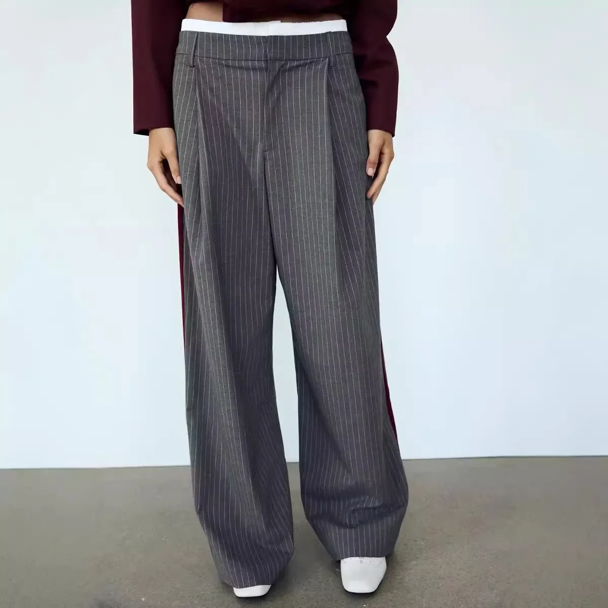 ZR Wholesale European and American Cross-Border Autumn New Style High-Waisted Loose-Fit Casual Slim Striped Ankle-Length Trouser