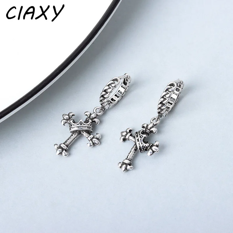 CIAXY Silver Color Cross Earrings for Women Thai Silver Twist Crown Ear Buckle Earring Retro Thai Silver Jewelry Wholesale