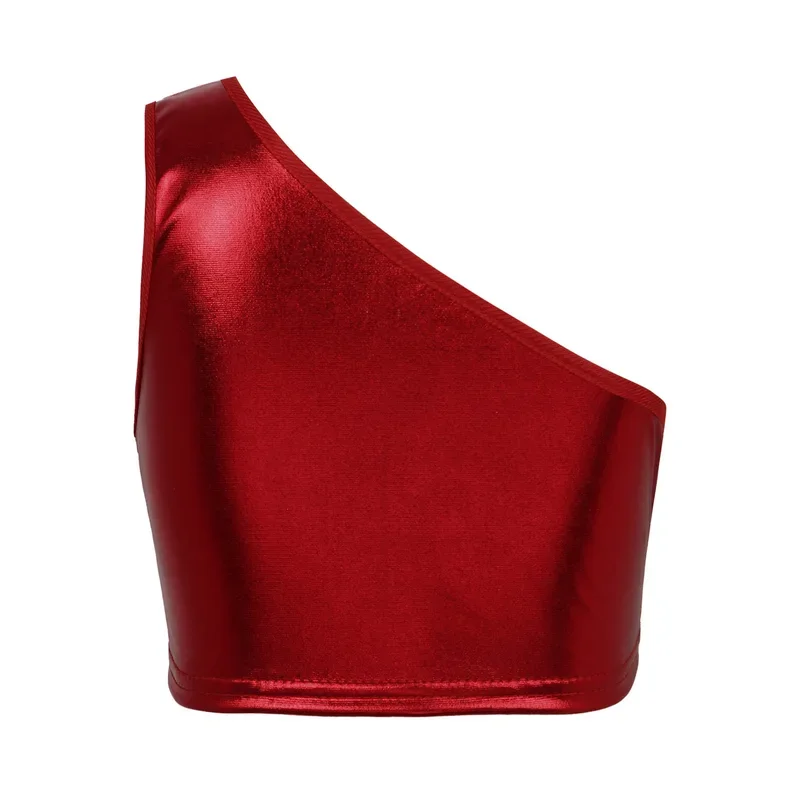 Kids Boys Girls Dance Crop Tops Shiny Metallic One Shoulder Tank Top Modern Jazz Hip-hop Dance Costumes Street Dancewear*.1