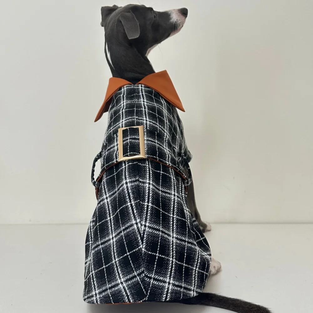 Whippet Berlington Terrier Black Plaid Cotton Coat Windproof Clothes Black Orange British Girdle Cape Jacket for Italy Greyhound