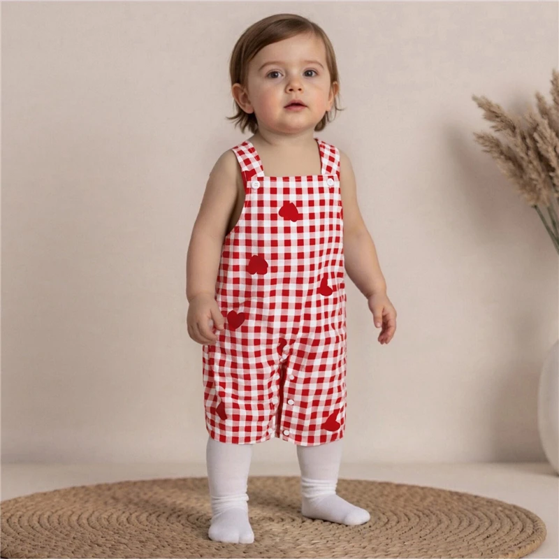Valentine's Day Infant Baby Girls Rompers Cute Sleeveless Square Collar Plaid Heart Print Jumpsuit Cute Infant Holiday Clothes