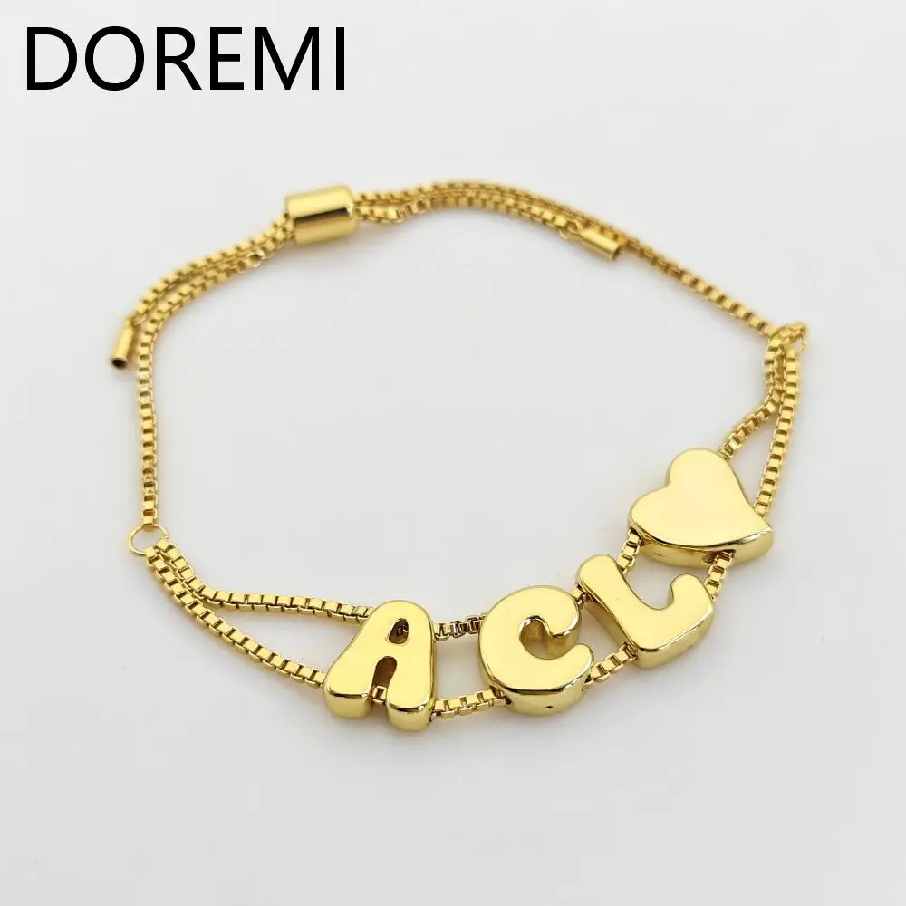 DOREMI Plain Letters Bubble Fat Initial Letter Name Bracelet Slide Beads Women Gold Bubble Custom Letter Bracelet Gift