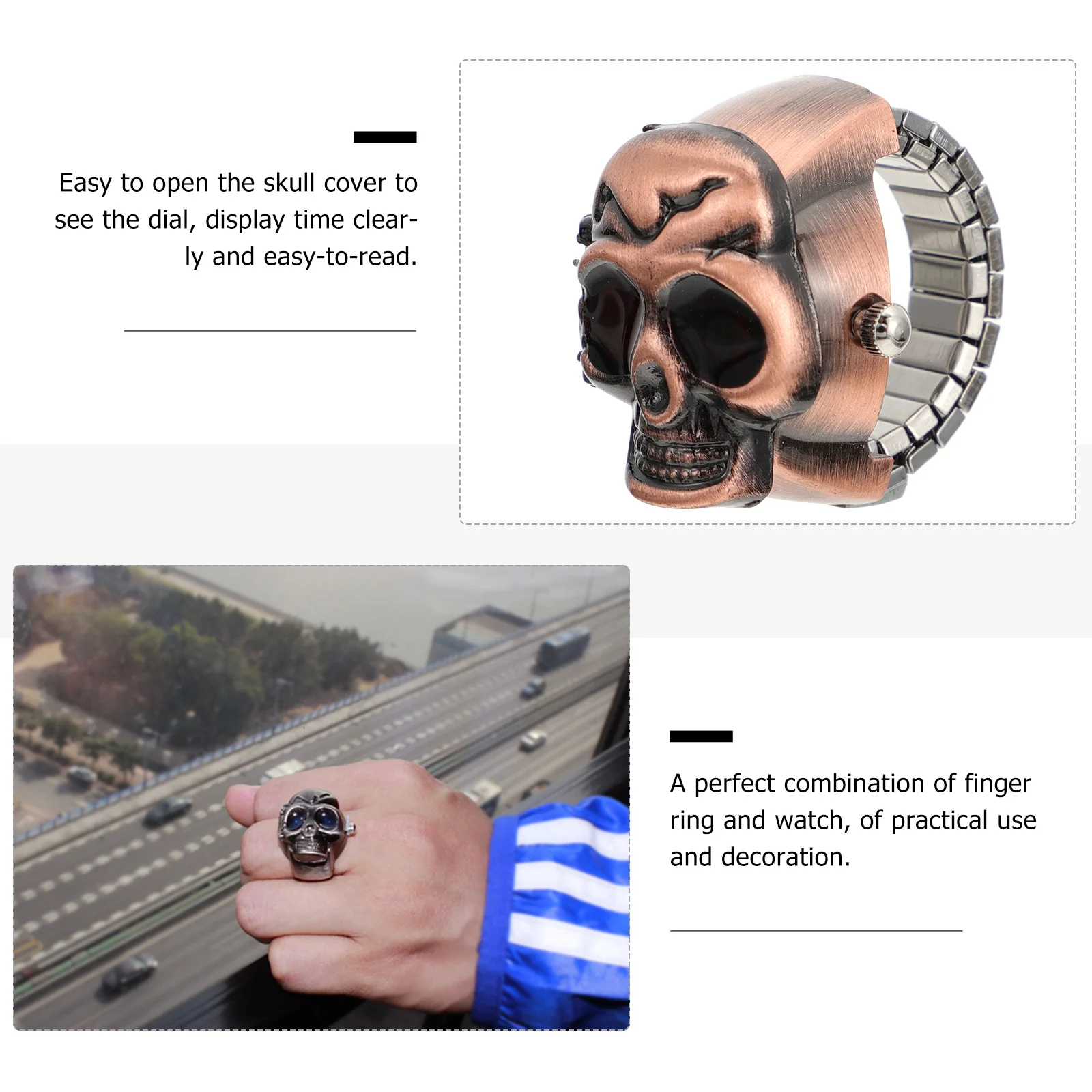 

2pcs Flip-Open Adjustable Skull Mini For Casual Skull Finger Watch Wear Clamshell Finger Watch Fashion Ring Accessory