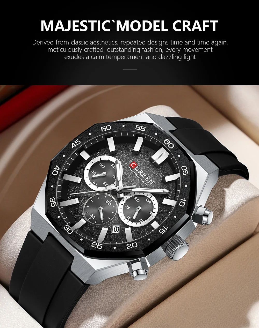 CURREN Herren Sport-Chronograph-Uhr mit Silikonarmband, Multifunktionszifferblatt mit Datum, Leuchtzeigern, Casual Quarz-Armbanduhr – Detail 3