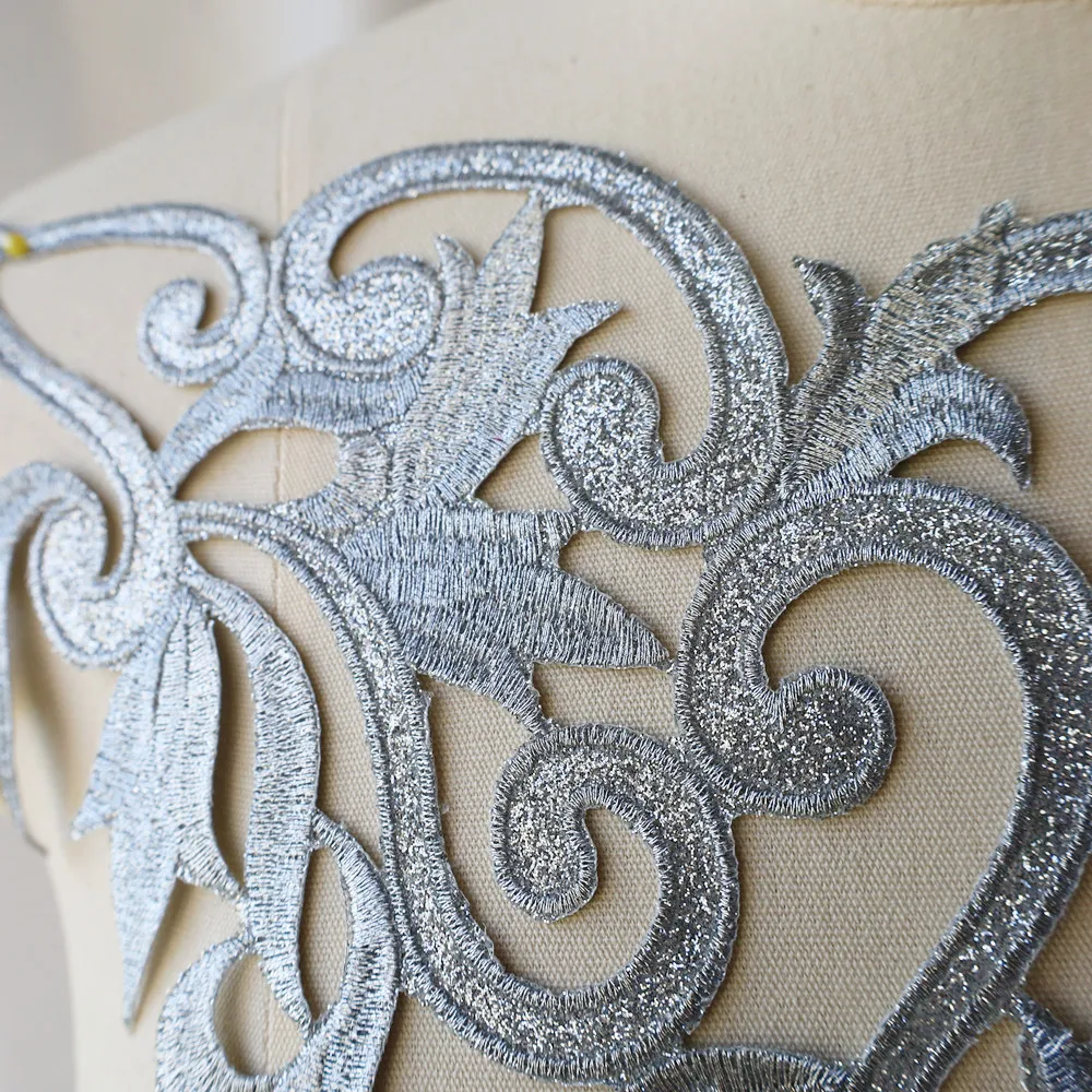Silver Embroidery Sequin Baroque Flower Applique Fabric Collar Sew Iron Patch Wedding Bridal Gown Dress DIY Clothes Decor Crafts
