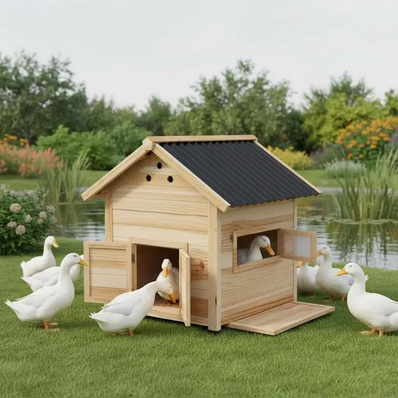 

Wooden Duck House with Double Doors, Openable Roof, Ventilation Holes, Removable Base, Natural Wood Finish