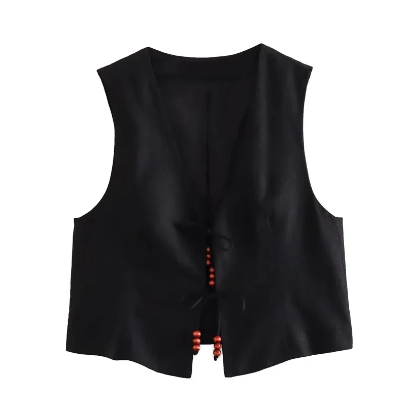 New Beading Sleeveless Vest Woman V Neck Black Cropped Vest Women Jacket Tied Short Coats Waistcoat Women's Fashion Vests 2025