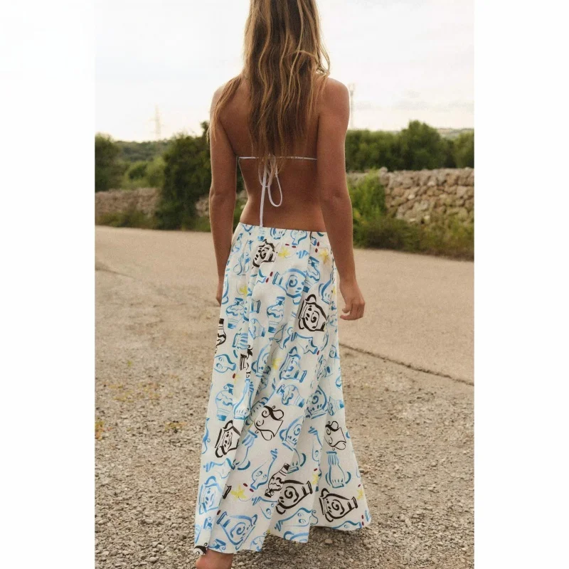 

New Summer Women's Cotton Printed antung Midi Skirt High Waist A-Line Skirt Casual Commute Sle Wide Hemline f-length