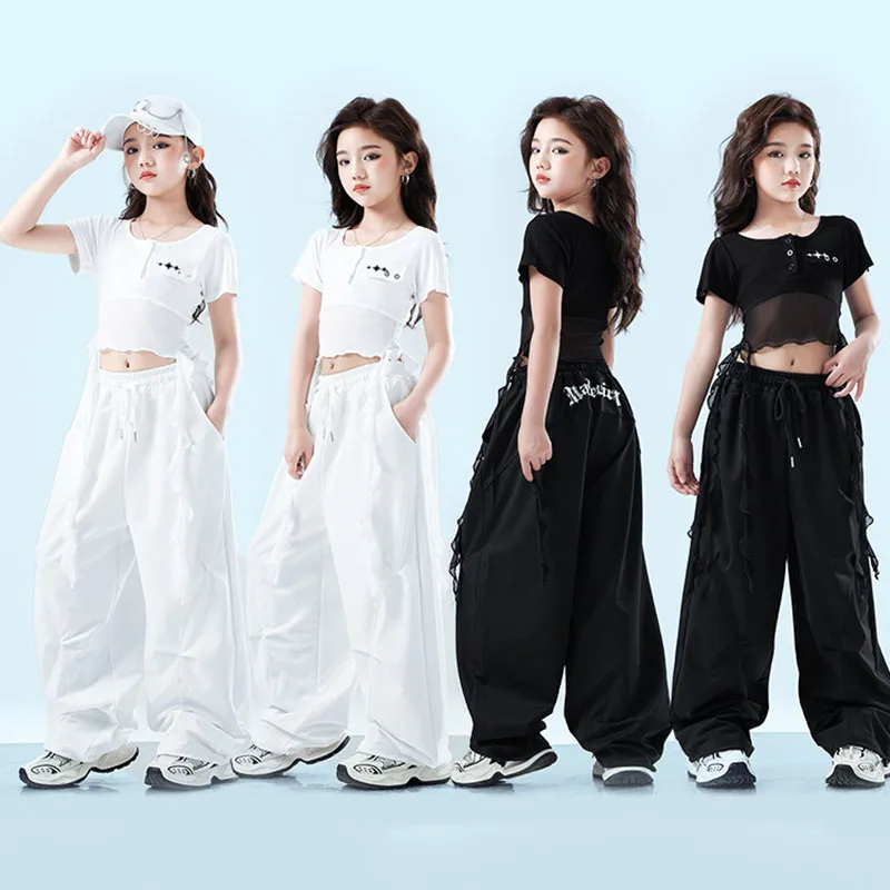 Kid Kpop Hip Hop Clothing White Black Strap Crop Top T Shirt Casual Sweat Parachute Pants for Girl Jazz Dance Costumes Clothes