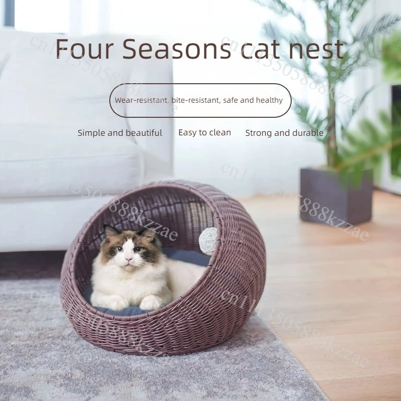 Hand-Woven Rattan Cat Cage Pet Bed Warm Autumn Winter Pad Removable Washable Doghouse Hammock for Cats