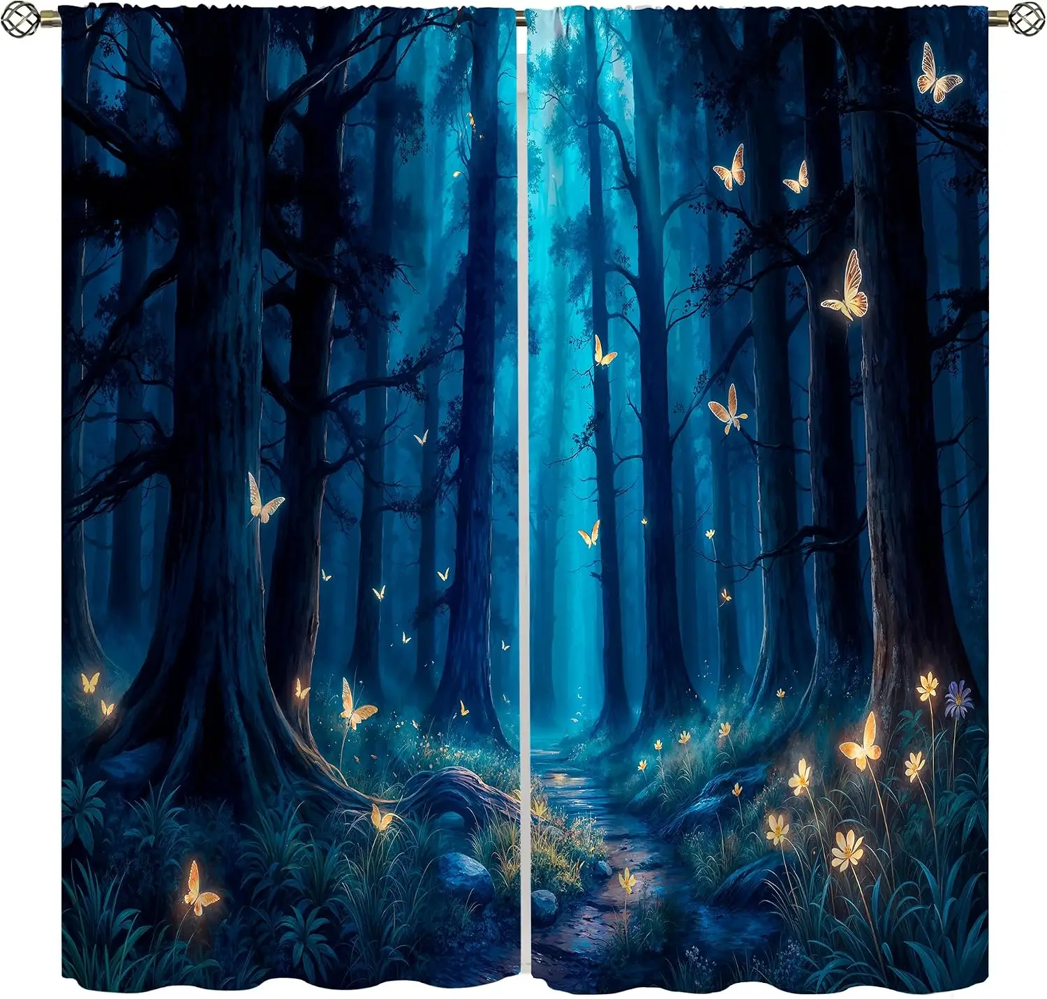 Enchanted Forest Blue Window Curtains Mystical Nature Drapes Fantasy Backdrop Polyester Living Room Home Decor Window Treatment