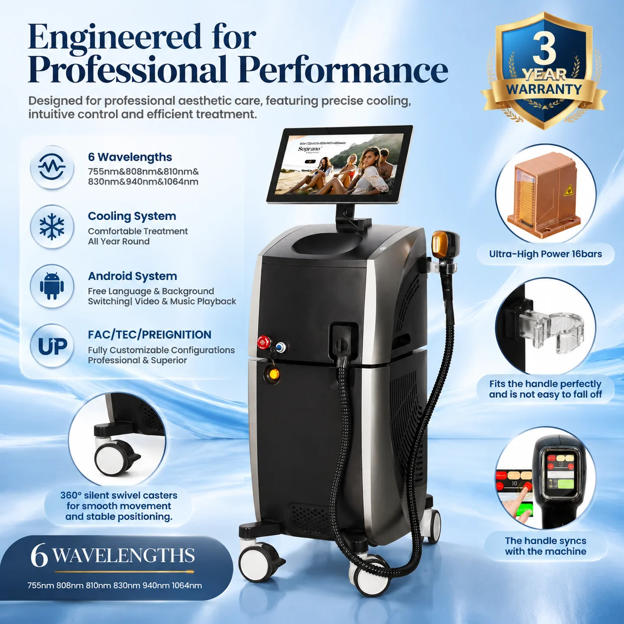 8000W High Power Ice Titanium Diode Laser Hair Removal Machine 755/808/810/830/940/1064/ Painless Beauty Body Hair Removal Devic