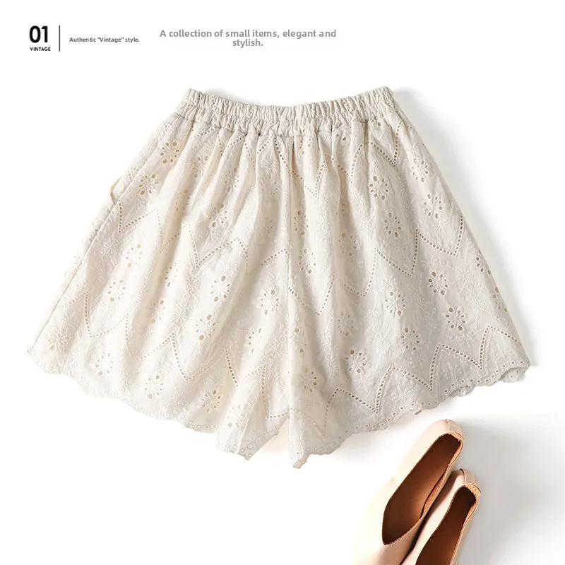 Ele bestickte, ausgehöhlte Baumwoll-Ort-Hose für Damen, lockere Freizeithose mit weitem Bein, bequem, atmungsaktiv, Sommerfaion