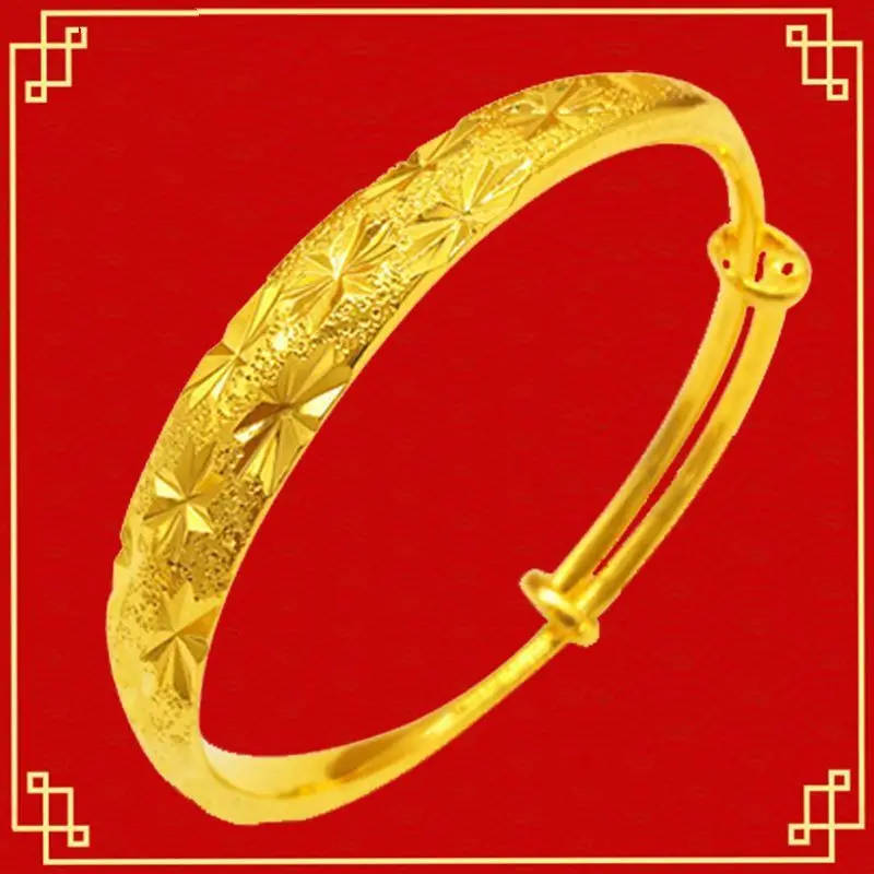 

24K Gold Plated Starry Pattern Bangle Adjustable Open Cuff Bracelet Women's Sand Gold Color Fadeless Wedding Jewelry