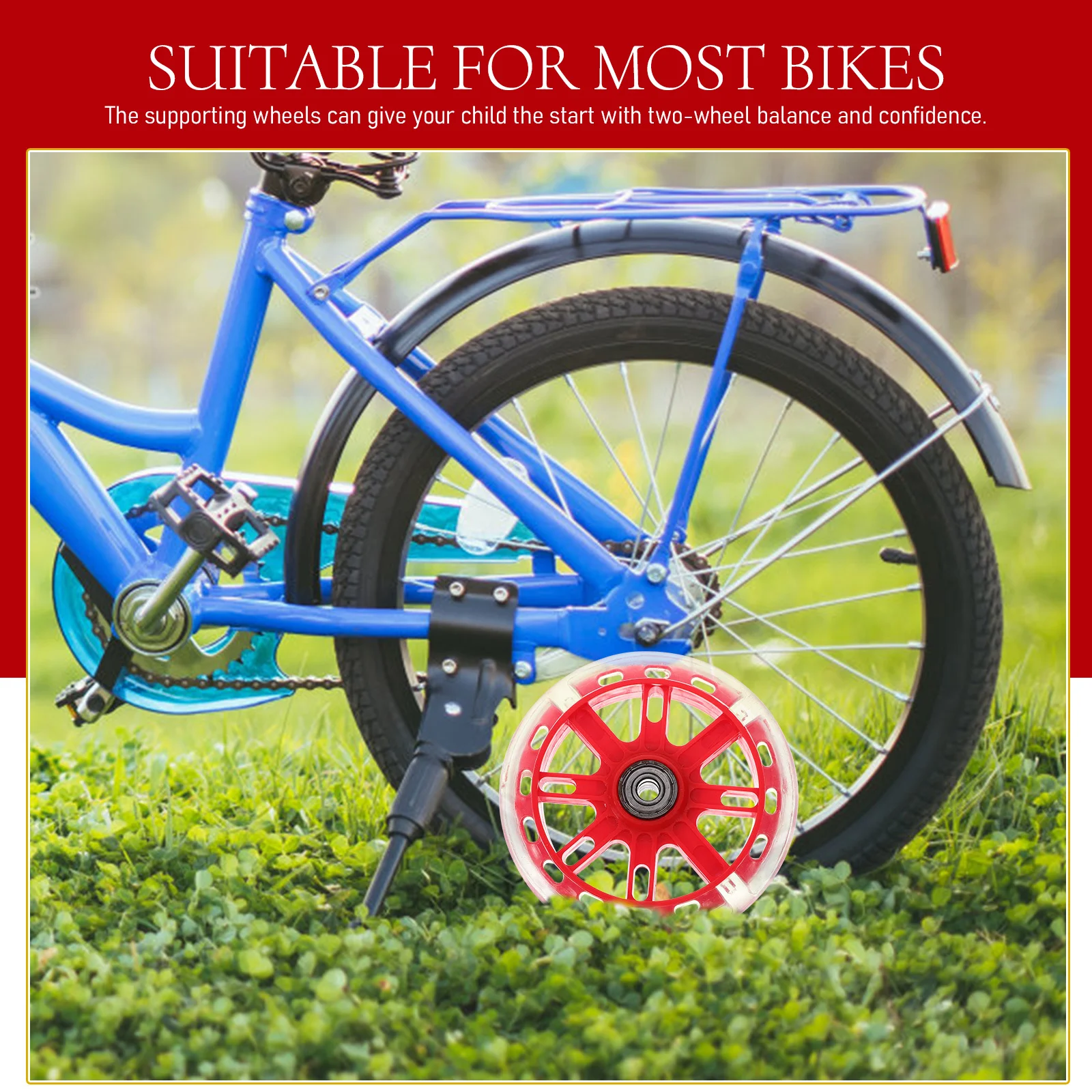 

Bike Training Wheels Red Mute Flash Balance Auxiliary Wheel Uv Resistant Sturdy Adjustable Support for Most Bikes Silent