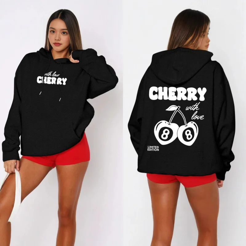 

European Size Polyester Thin VelvetEZwear CHERRY WTITE FOXCasual Cherry Letter Print Hoodie