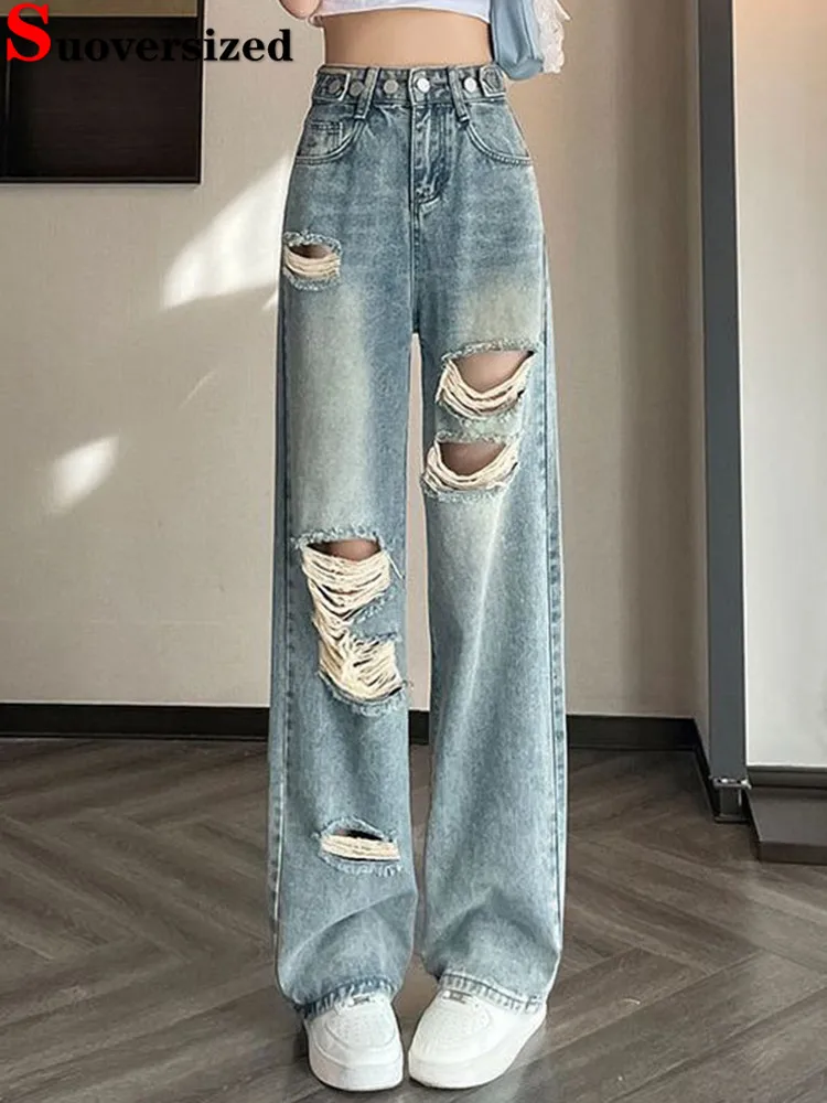 

Hole Design Baggy Wide Leg Pants Women Casual High Waist Vintage Straight Denim Pants Korean Fashion Streetwear Loose Vaqueros