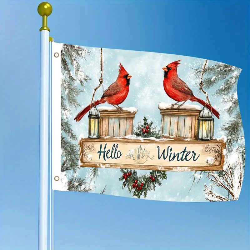 1pc Hello Winter Christmas Flag with Red Birds Pine Branches Berries 3x5ft Outdoor Decoration Single-Sided Hanging Design