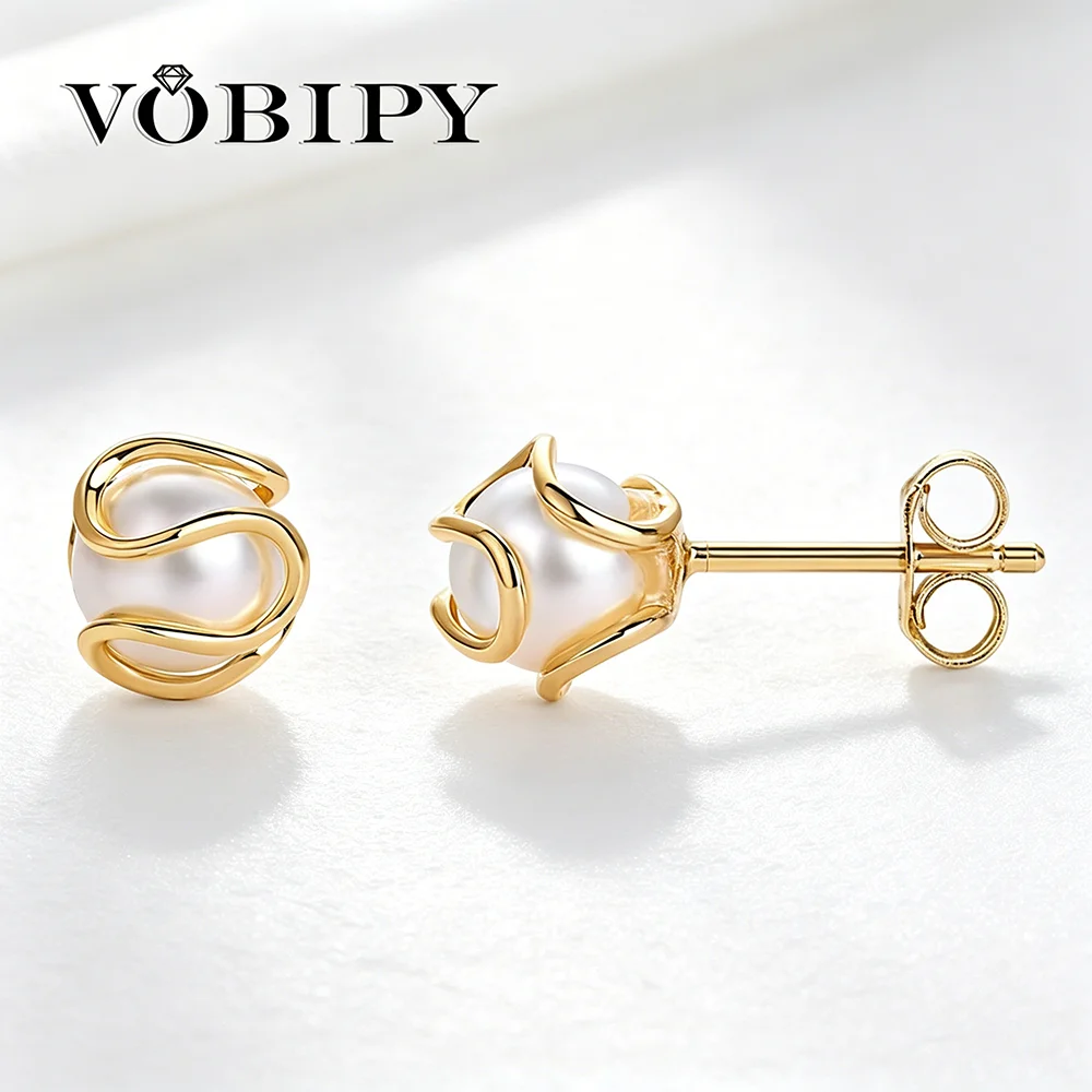 VOBIPY 14K Gold Plated Pearl Stud Earrings For Women Girl 8mm Shell Pearl Trendy Caged Earring For Wedding Gift Fashion Jewelry