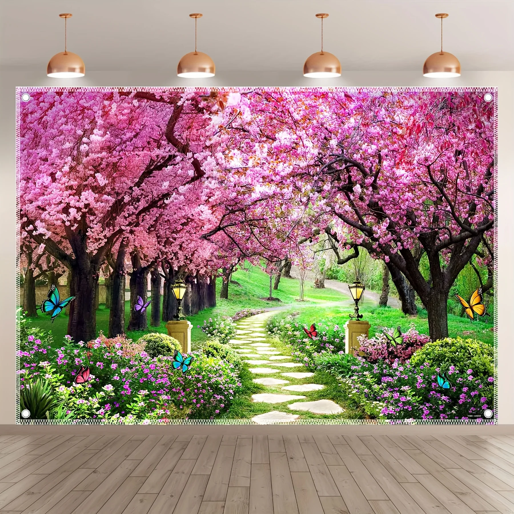 Spring scenery polyester photography background, cherry blossom forest landscape background