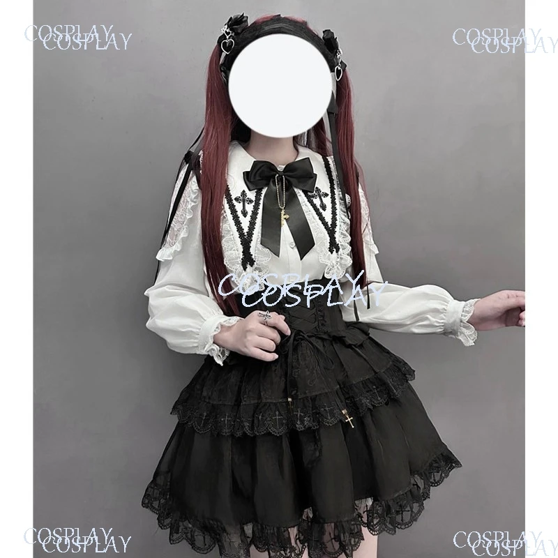 Jirai Kei Gothic Large Lapel Lolita Long Sleeve White Shirt High Waist Suspender Skirt 2-Piece Set Japanese Kawaii Lolita Outfit view 6