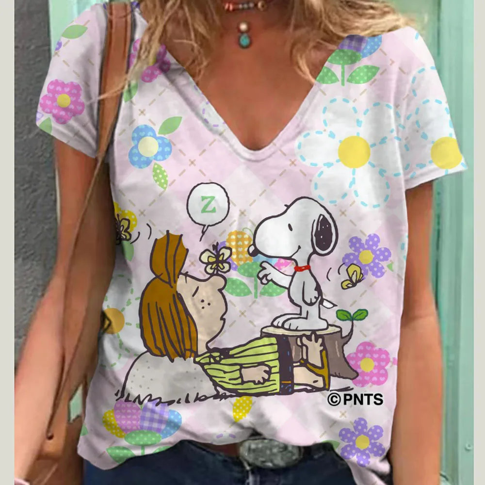 Snoopy 3D Print V-Neck Short Sleeve Tees Women‘S Oversize T-Shirt Fashion T-Shirts For Women Summer Y2k Woman Tops